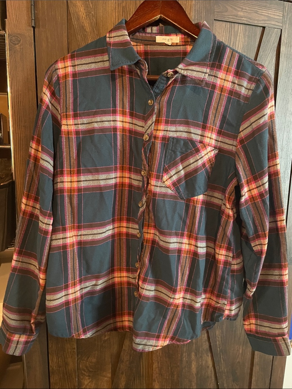 Maurices Navy Plaid Button-Down Shirt with Pink and Red Accents